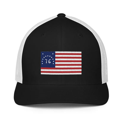 Embroidered Bennington Flag | Closed-Back Trucker Cap | Flexfit 6511 Flexfit 6511 Gun Beaver Black/White  