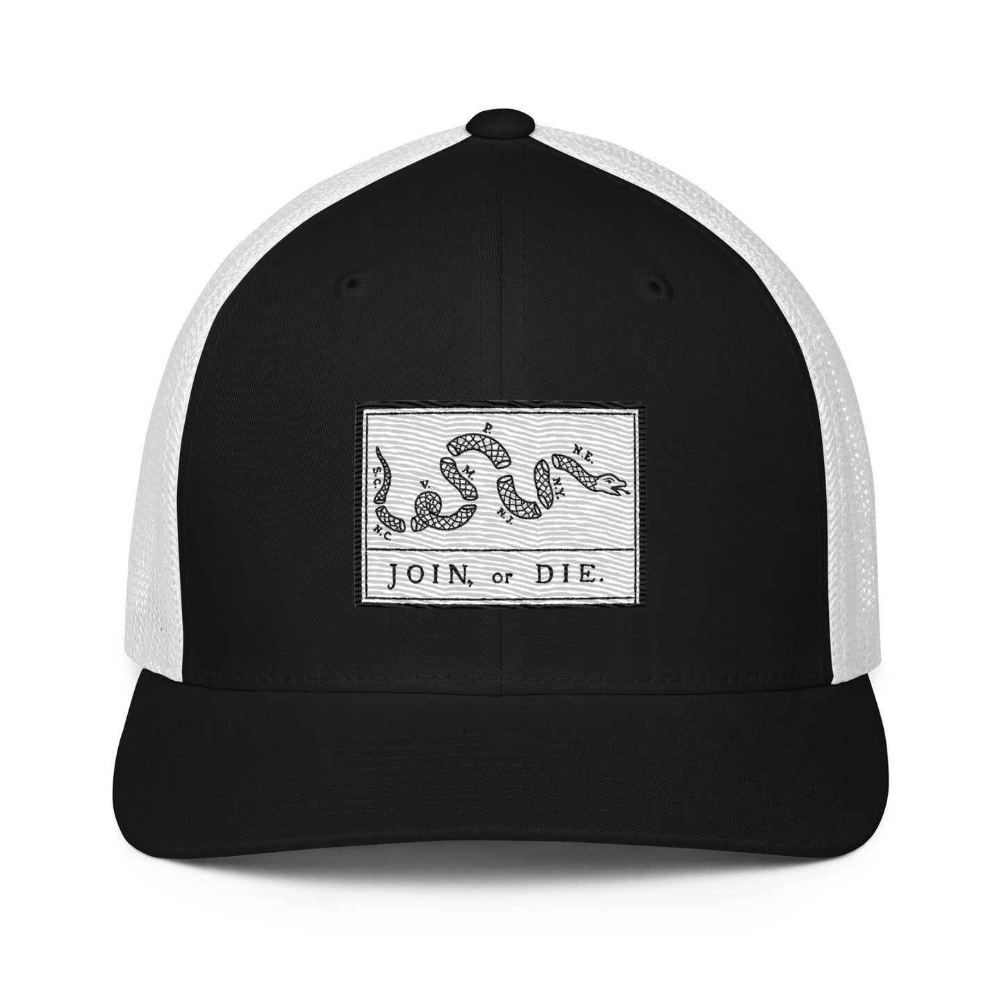 Embroidered “Join or Die" Flag | Closed-Back Trucker Cap | Flexfit 6511 Flexfit 6511 Gun Beaver Black/White  