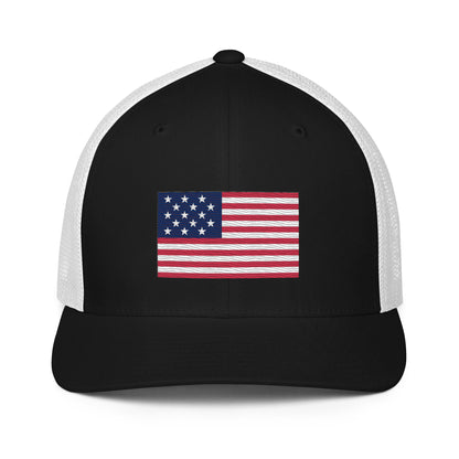 Embroidered 1812 Flag ("The Star-Spangled Banner") | Closed-Back Trucker Cap | Flexfit 6511 Flexfit 6511 Gun Beaver Black/White  