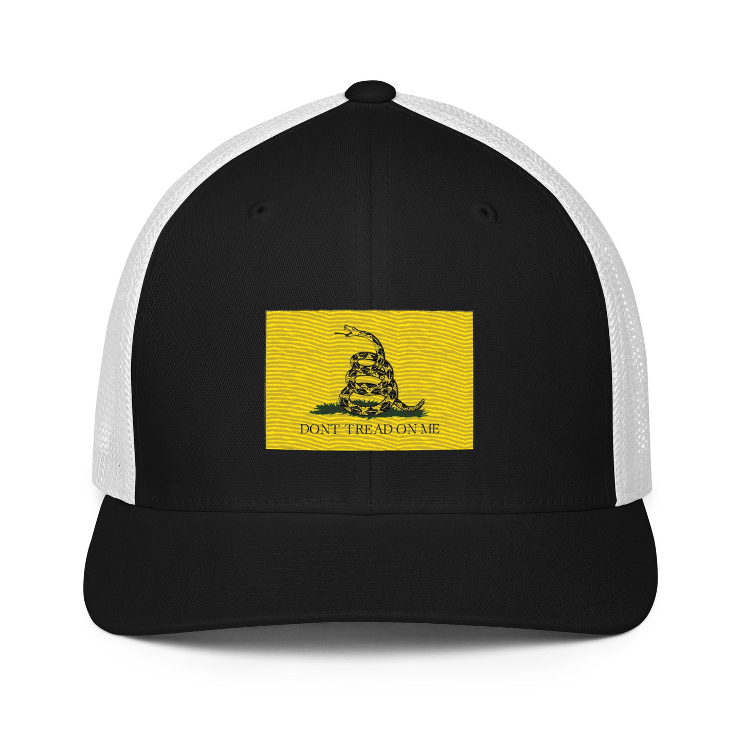 Embroidered "Don't Tread on Me" Gadsden Flag | Closed-Back Trucker Cap | Flexfit 6511 Flexfit 6511 Gun Beaver Black/White  