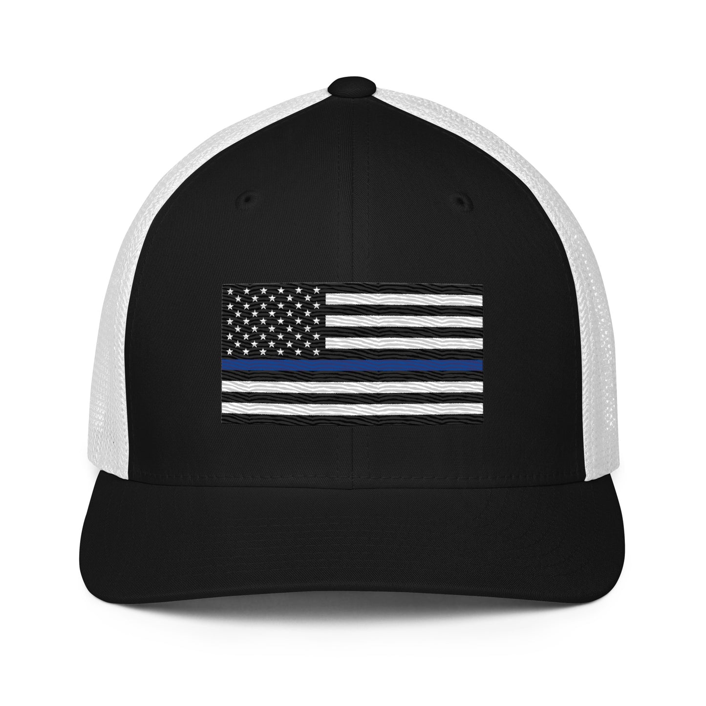 Embroidered Thin Blue Line Flag | Closed-Back Trucker Cap | Flexfit 6511 Flexfit 6511 Gun Beaver Black/White  