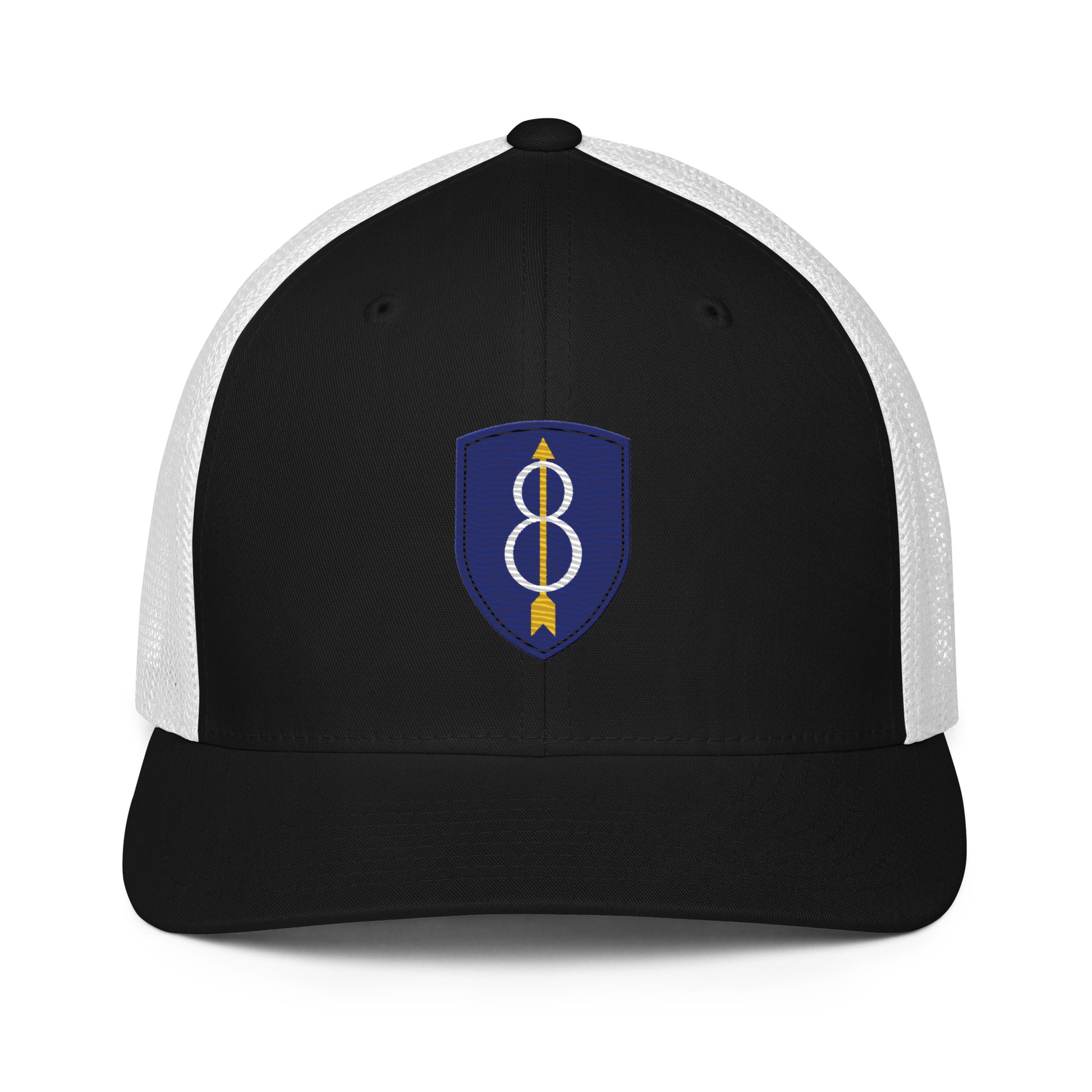 Embroidered 8th Infantry Division Insignia ("Pathfinder") | Closed-Back Trucker Cap | Flexfit 6511 Flexfit 6511 Gun Beaver Black/White  