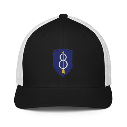 Embroidered 8th Infantry Division Insignia ("Pathfinder") | Closed-Back Trucker Cap | Flexfit 6511 Flexfit 6511 Gun Beaver Black/White  