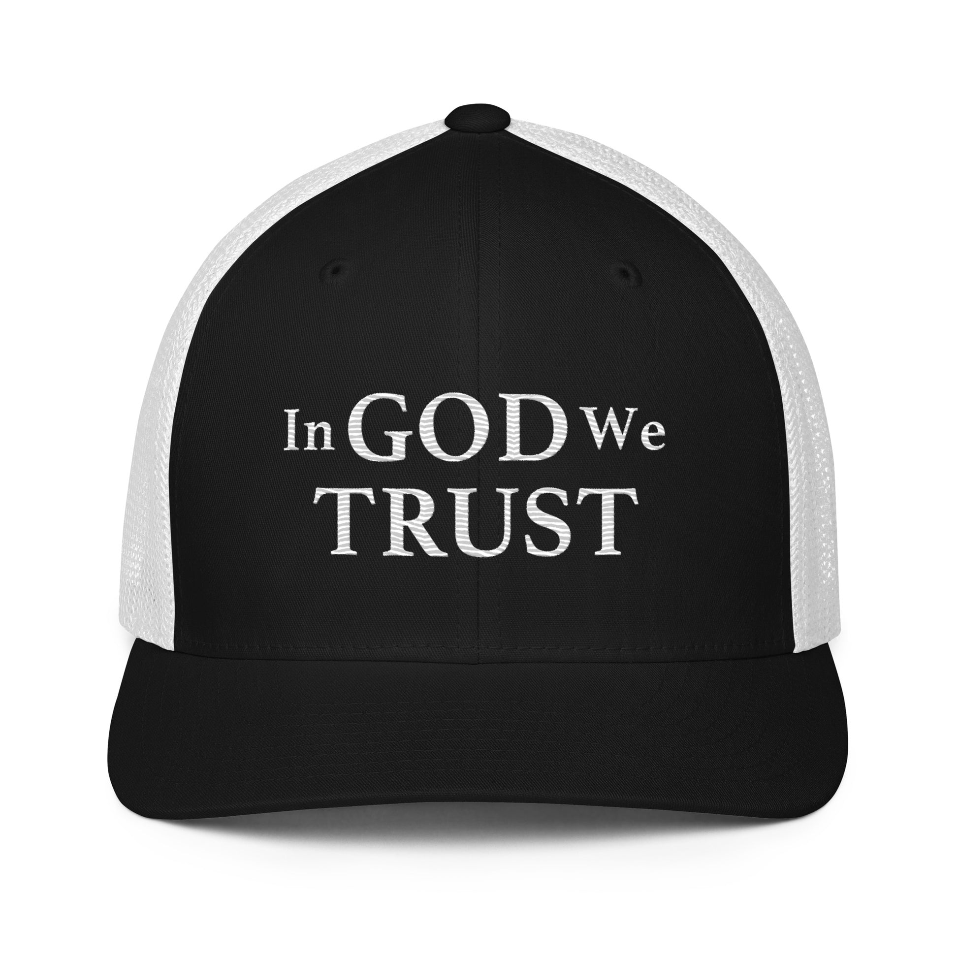 Embroidered "In God We Trust" | Closed-Back Trucker Cap | Flexfit 6511 Flexfit 6511 Gun Beaver Black/White  