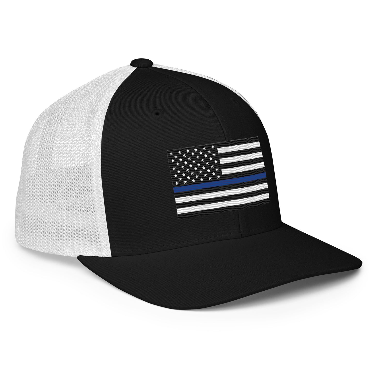 Embroidered Thin Blue Line Flag | Closed-Back Trucker Cap | Flexfit 6511 Flexfit 6511 Gun Beaver   