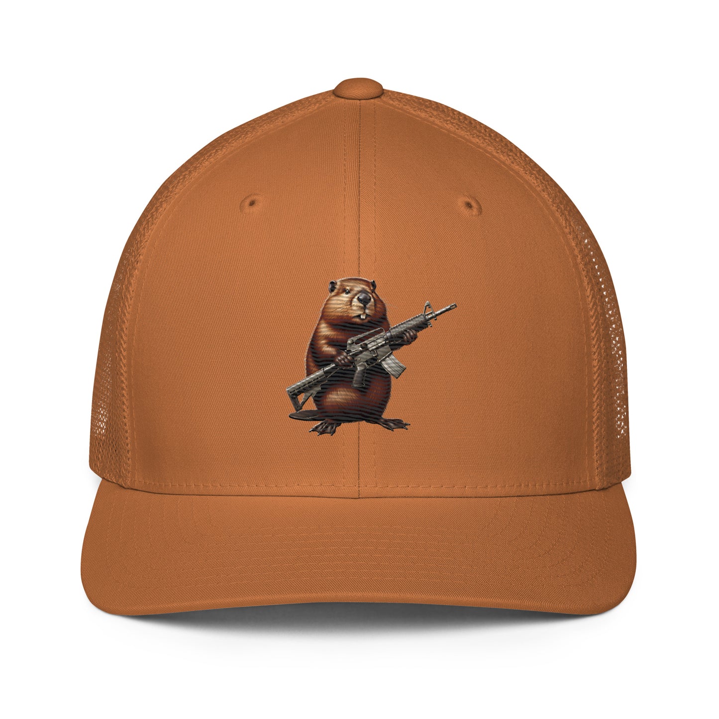 Embroidered Gun Beaver Clutching Rifle | Closed-Back Trucker Cap | Flexfit 6511 Flexfit 6511 Gun Beaver Caramel  