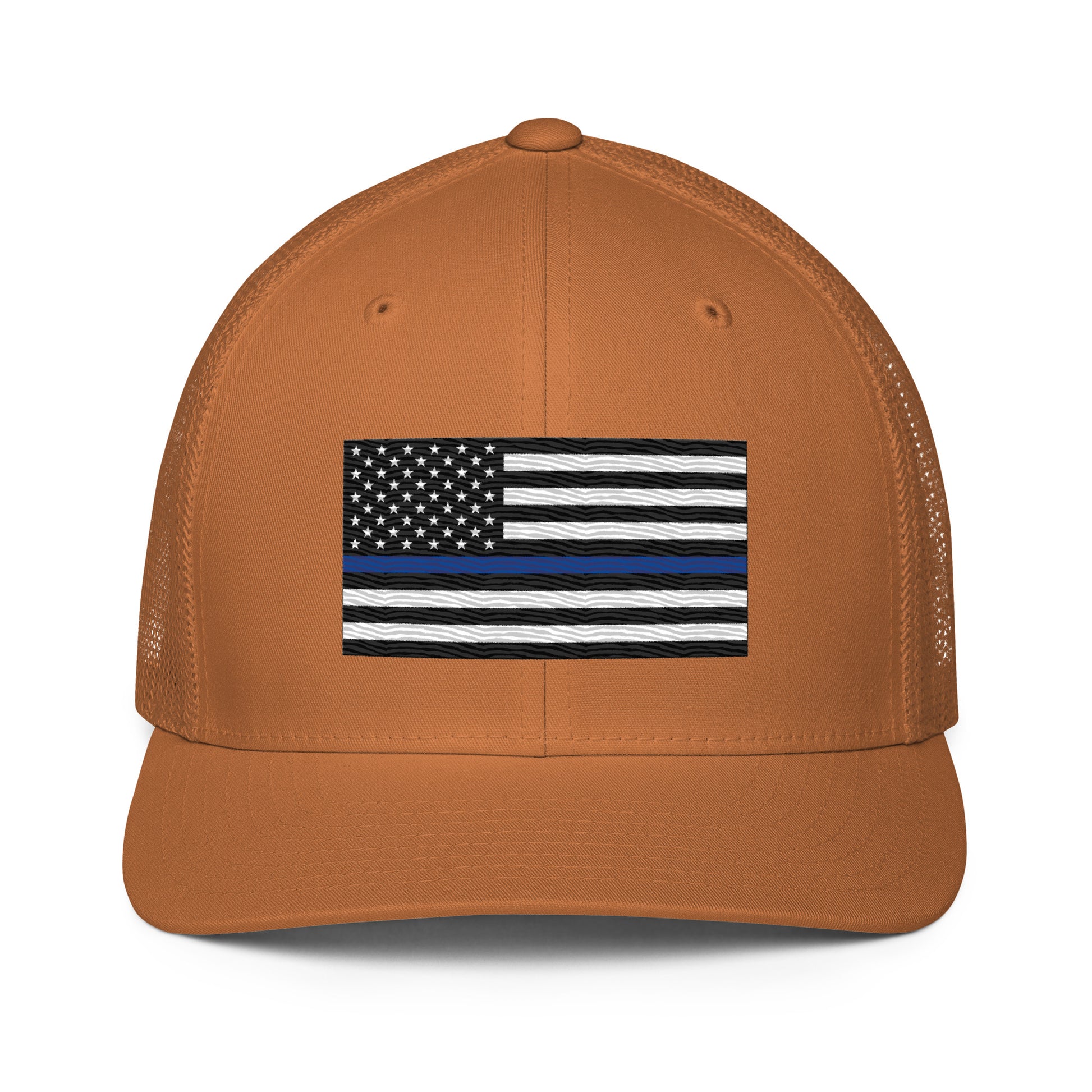 Embroidered Thin Blue Line Flag | Closed-Back Trucker Cap | Flexfit 6511 Flexfit 6511 Gun Beaver Caramel  