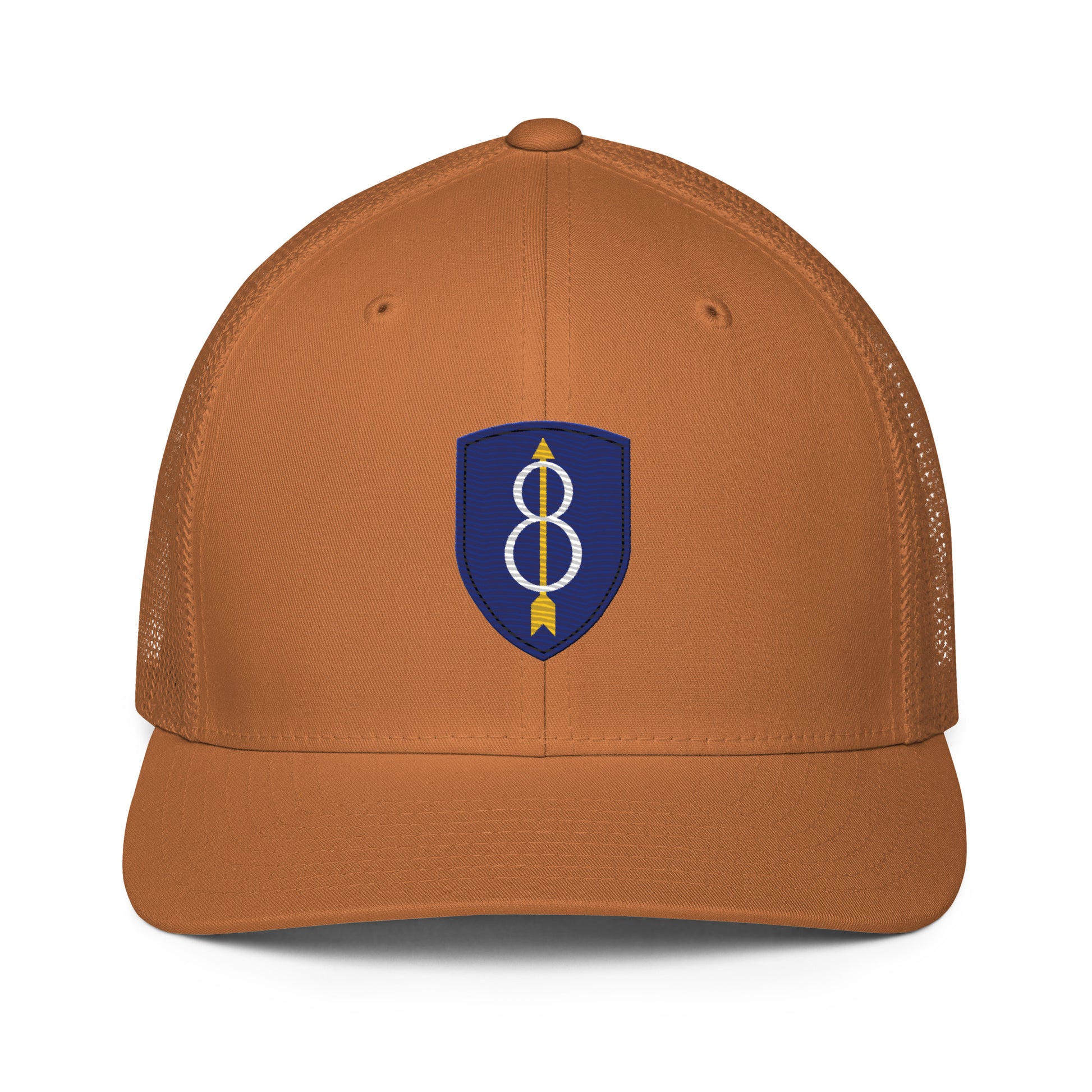 Embroidered 8th Infantry Division Insignia ("Pathfinder") | Closed-Back Trucker Cap | Flexfit 6511 Flexfit 6511 Gun Beaver Caramel  