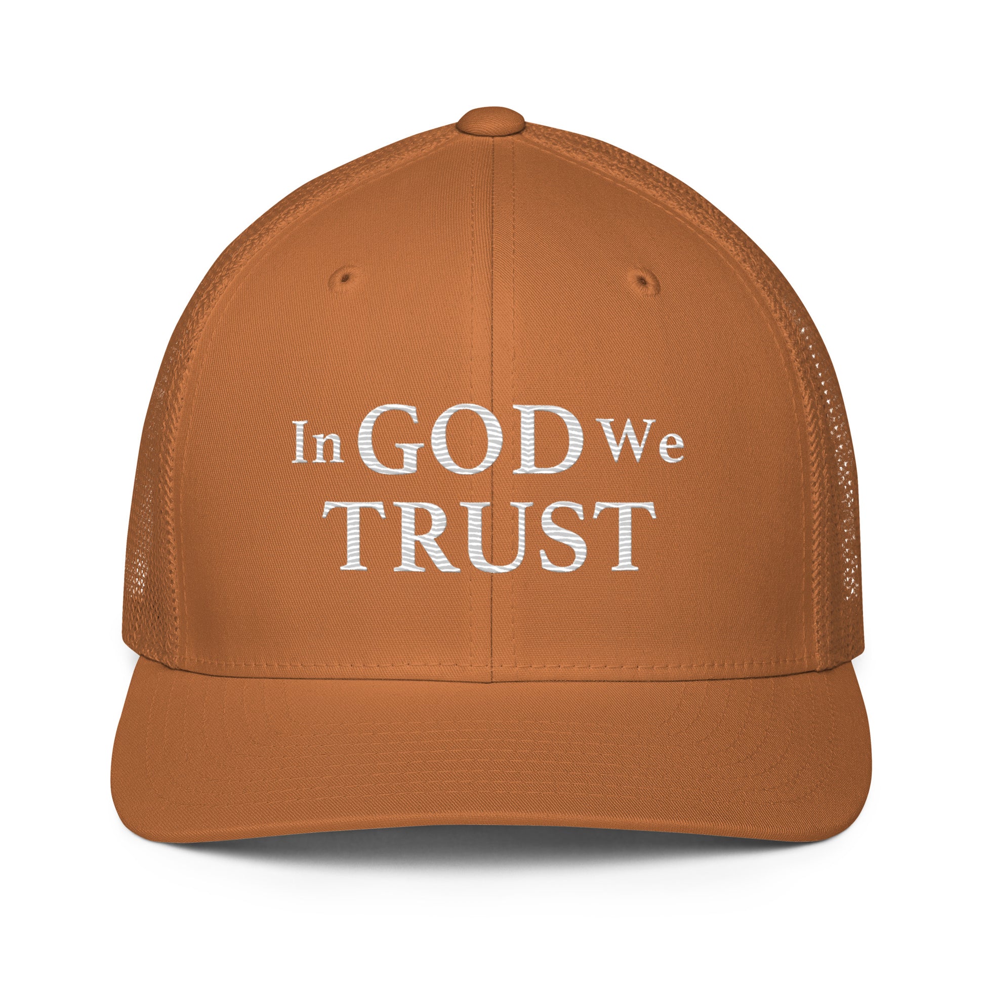 Embroidered "In God We Trust" | Closed-Back Trucker Cap | Flexfit 6511 Flexfit 6511 Gun Beaver Caramel  