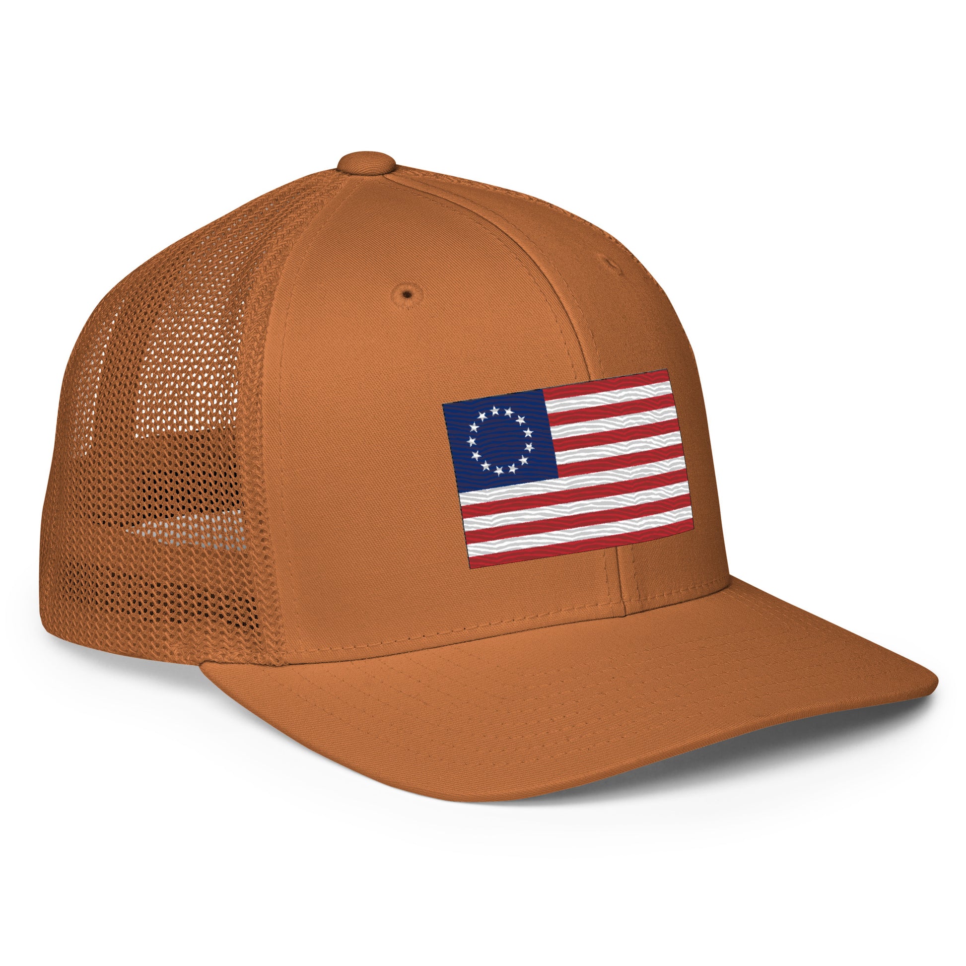 Embroidered Betsy Ross Flag | Closed-Back Trucker Cap | Flexfit 6511 Flexfit 6511 Gun Beaver   