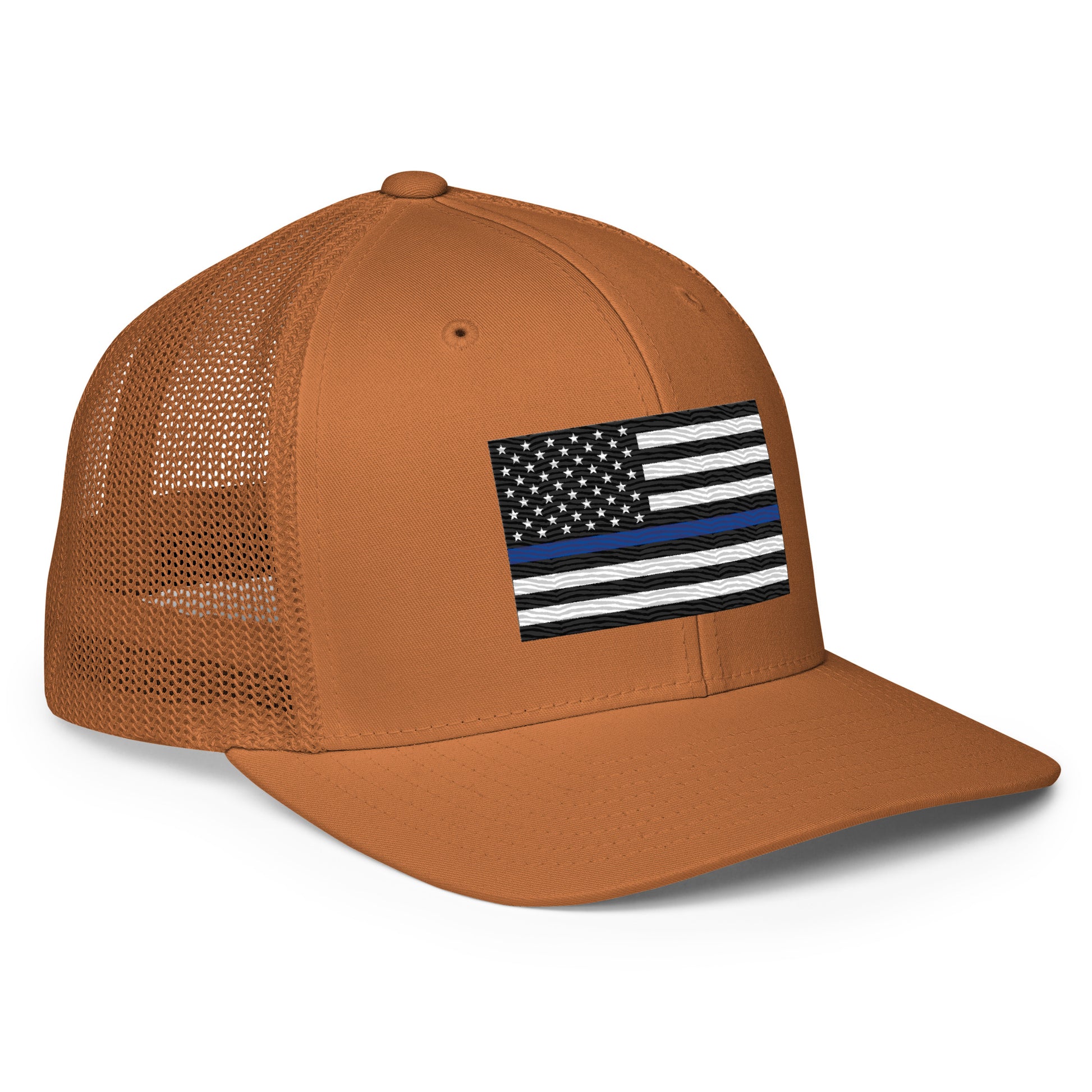 Embroidered Thin Blue Line Flag | Closed-Back Trucker Cap | Flexfit 6511 Flexfit 6511 Gun Beaver   