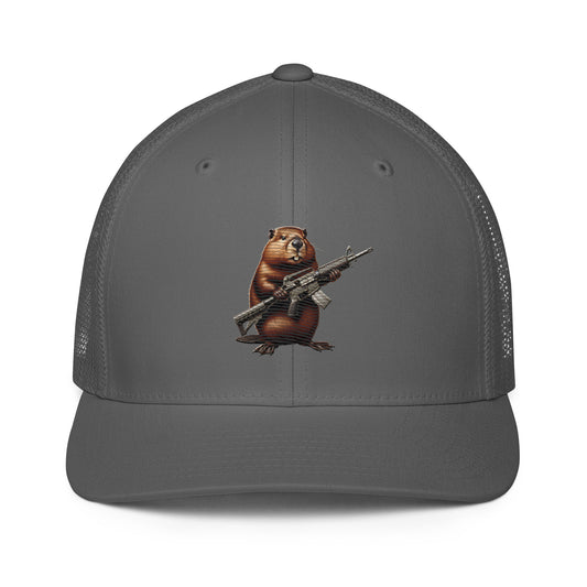 Embroidered Gun Beaver Clutching Rifle | Closed-Back Trucker Cap | Flexfit 6511 Flexfit 6511 Gun Beaver Charcoal  