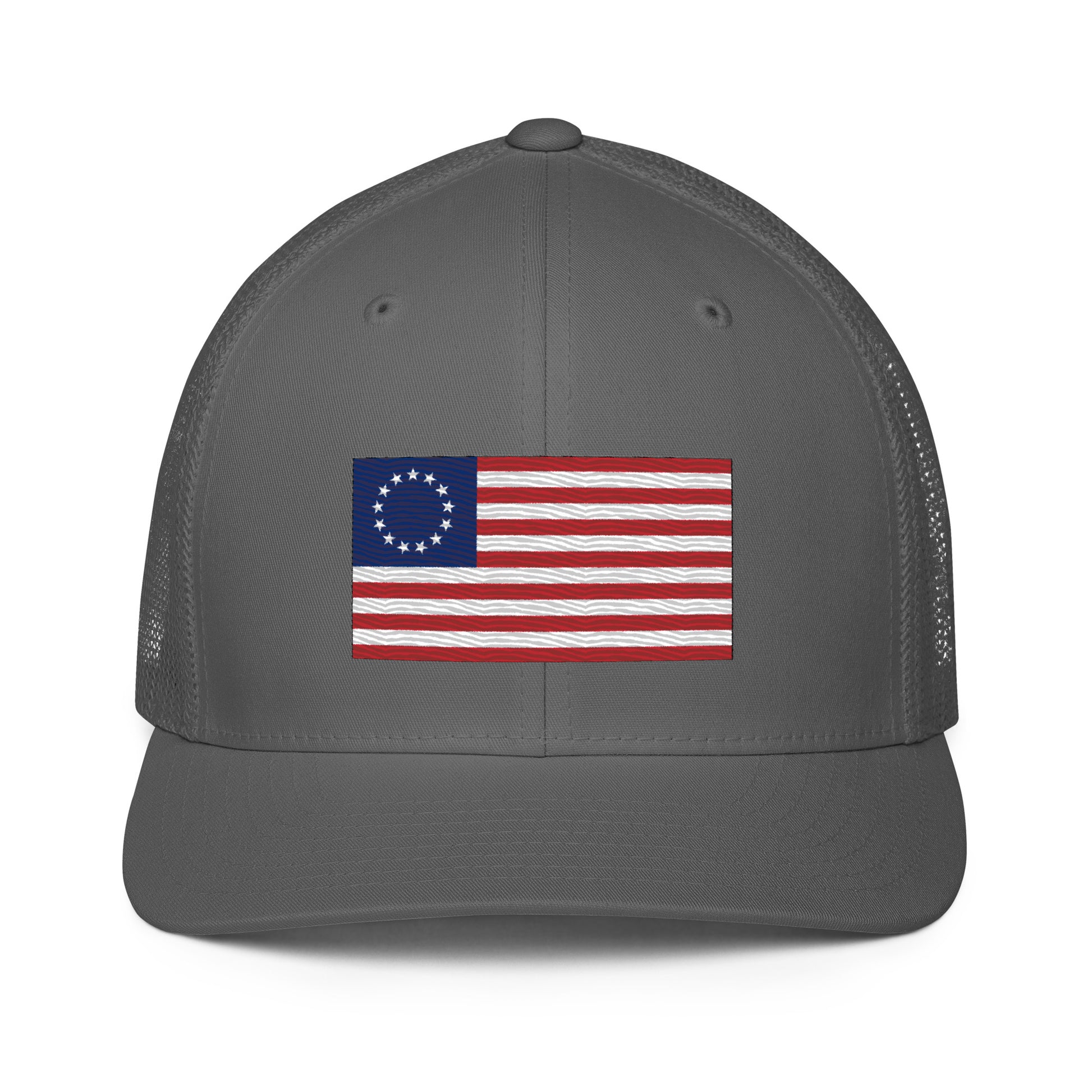 Embroidered Betsy Ross Flag | Closed-Back Trucker Cap | Flexfit 6511 Flexfit 6511 Gun Beaver Charcoal  