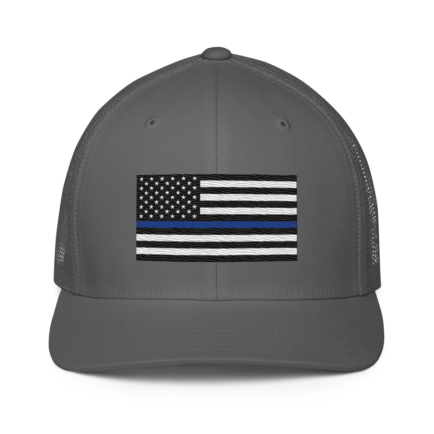 Embroidered Thin Blue Line Flag | Closed-Back Trucker Cap | Flexfit 6511 Flexfit 6511 Gun Beaver Charcoal  