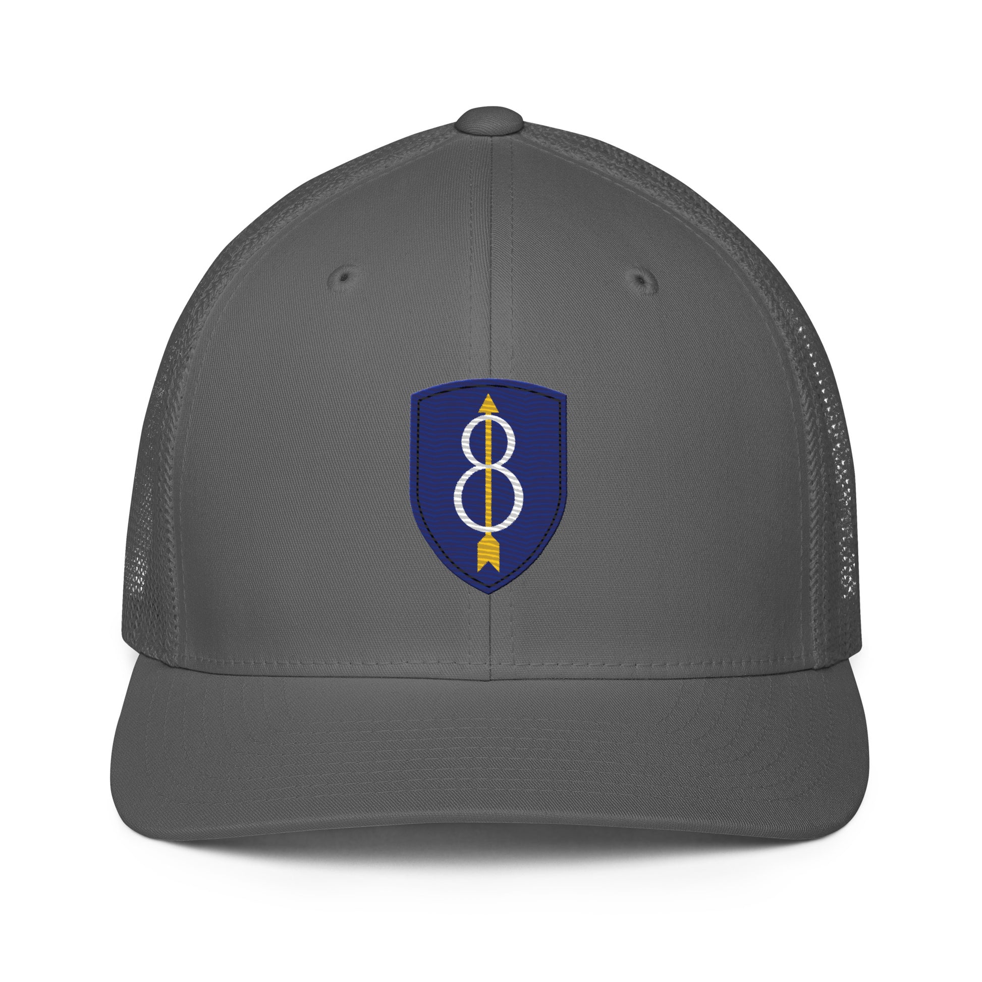 Embroidered 8th Infantry Division Insignia ("Pathfinder") | Closed-Back Trucker Cap | Flexfit 6511 Flexfit 6511 Gun Beaver Charcoal  