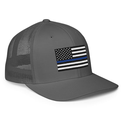 Embroidered Thin Blue Line Flag | Closed-Back Trucker Cap | Flexfit 6511 Flexfit 6511 Gun Beaver   