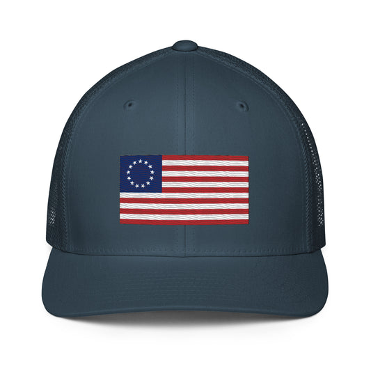 Embroidered Betsy Ross Flag | Closed-Back Trucker Cap | Flexfit 6511 Flexfit 6511 Gun Beaver Navy  