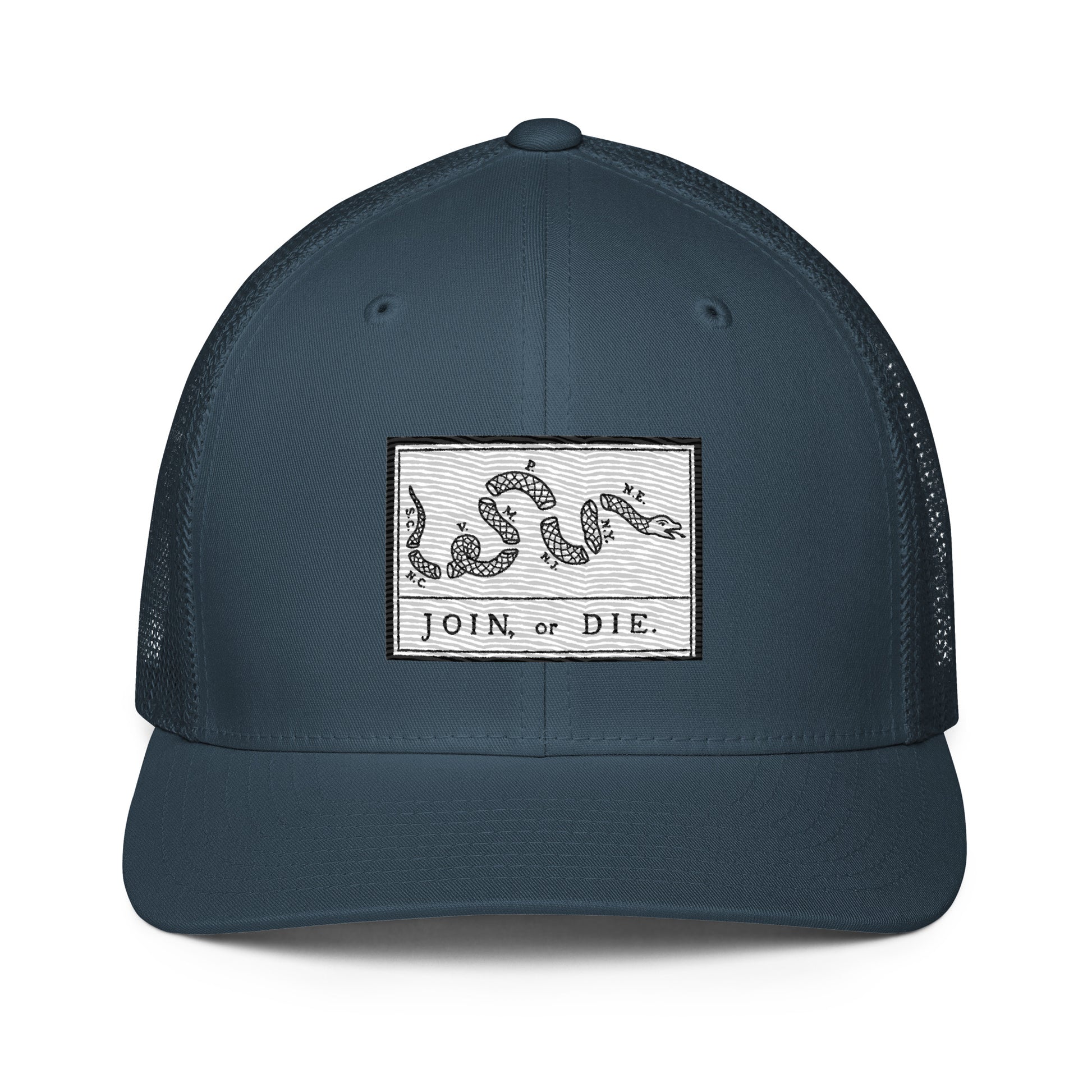 Embroidered “Join or Die" Flag | Closed-Back Trucker Cap | Flexfit 6511 Flexfit 6511 Gun Beaver Navy  