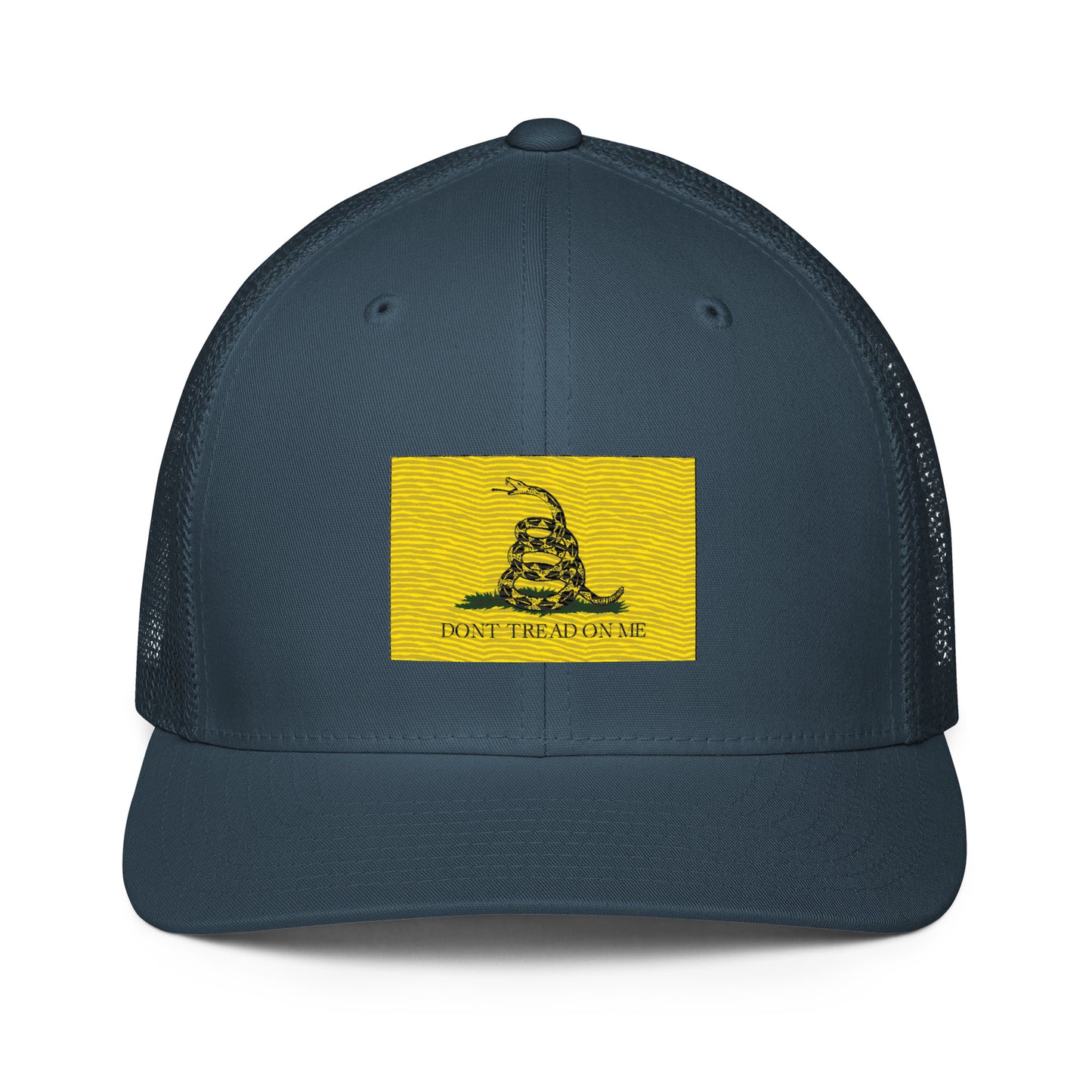 Embroidered "Don't Tread on Me" Gadsden Flag | Closed-Back Trucker Cap | Flexfit 6511 Flexfit 6511 Gun Beaver Navy  