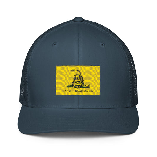 Embroidered "Don't Tread on Me" Gadsden Flag | Closed-Back Trucker Cap | Flexfit 6511 Flexfit 6511 Gun Beaver Navy  