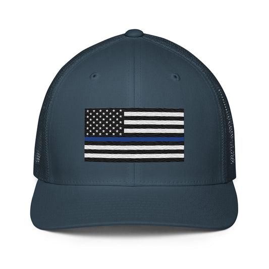 Embroidered Thin Blue Line Flag | Closed-Back Trucker Cap | Flexfit 6511 Flexfit 6511 Gun Beaver Navy  