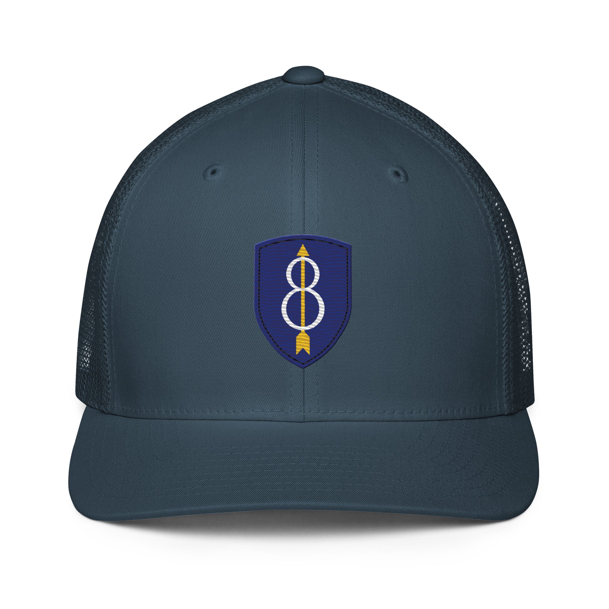 Embroidered 8th Infantry Division Insignia ("Pathfinder") | Closed-Back Trucker Cap | Flexfit 6511 Flexfit 6511 Gun Beaver Navy  