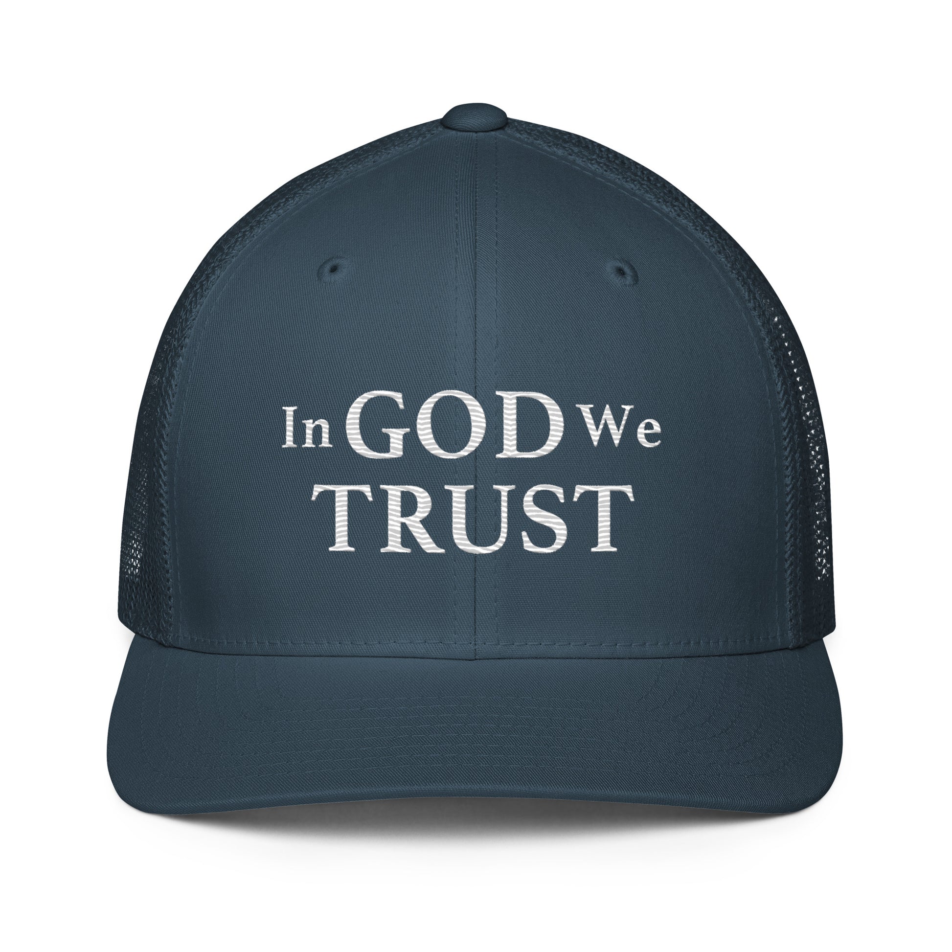 Embroidered "In God We Trust" | Closed-Back Trucker Cap | Flexfit 6511 Flexfit 6511 Gun Beaver Navy  