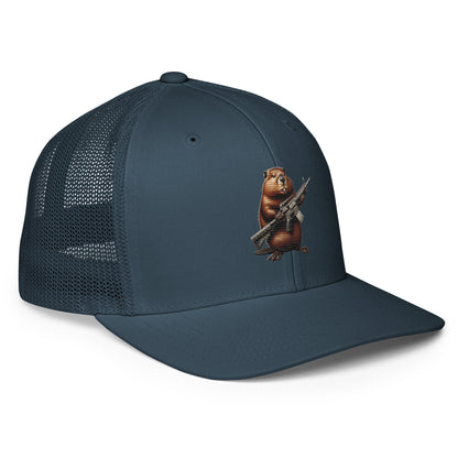 Embroidered Gun Beaver Clutching Rifle | Closed-Back Trucker Cap | Flexfit 6511 Flexfit 6511 Gun Beaver   