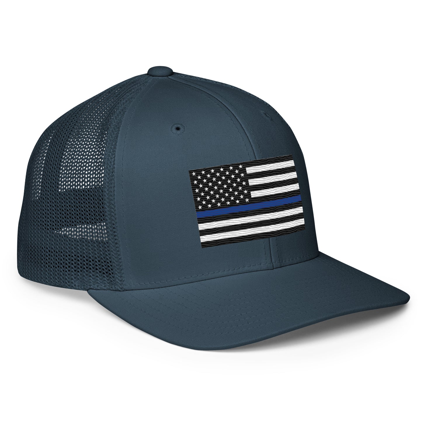 Embroidered Thin Blue Line Flag | Closed-Back Trucker Cap | Flexfit 6511 Flexfit 6511 Gun Beaver   