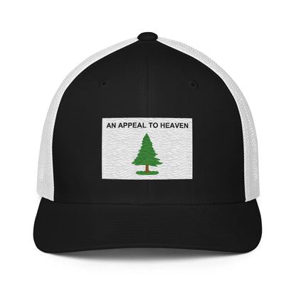 Embroidered "An Appeal to Heaven" Flag | Closed-Back Trucker Cap | Flexfit 6511 Flexfit 6511 Gun Beaver Black/White  