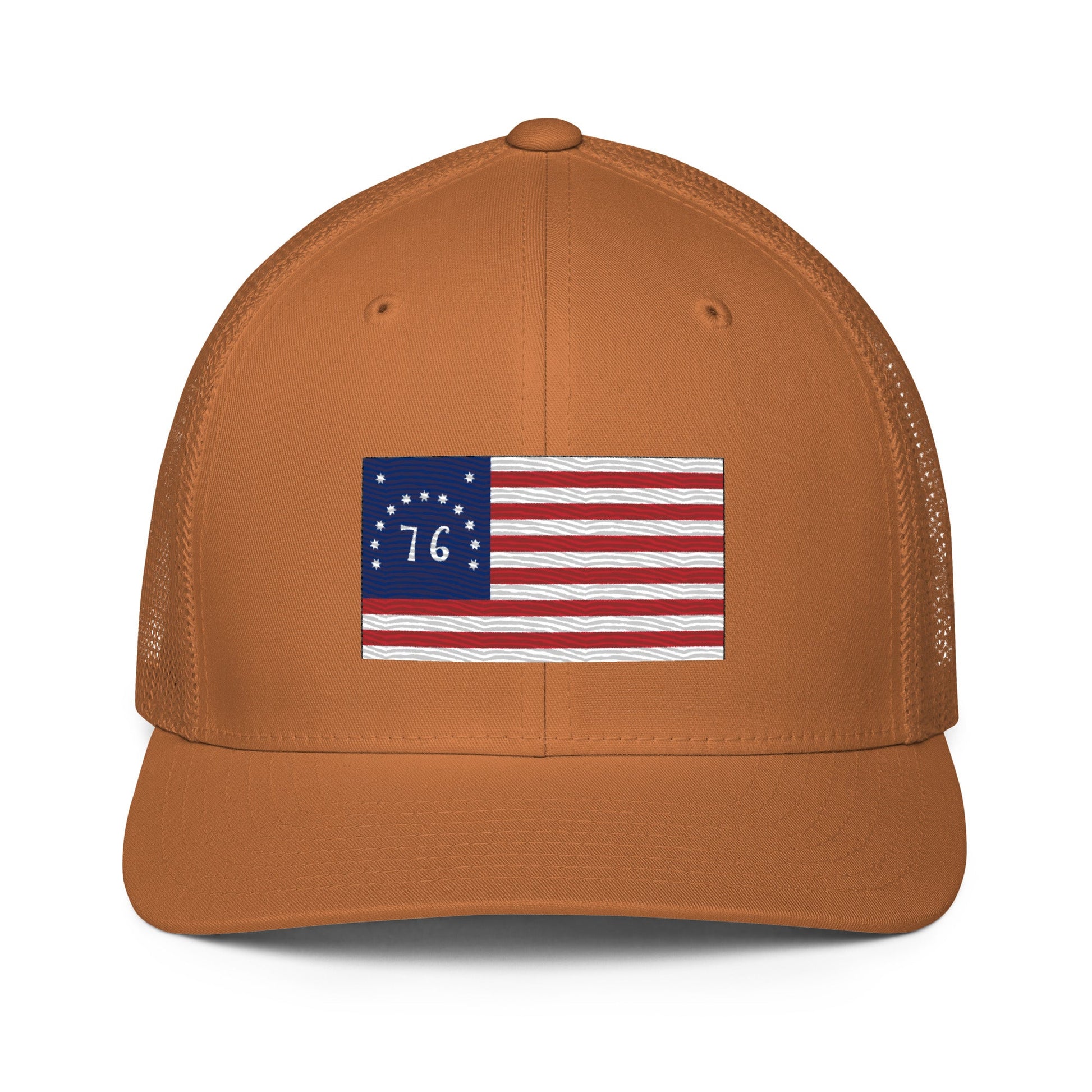 Embroidered Bennington Flag | Closed-Back Trucker Cap | Flexfit 6511 Flexfit 6511 Gun Beaver Caramel  