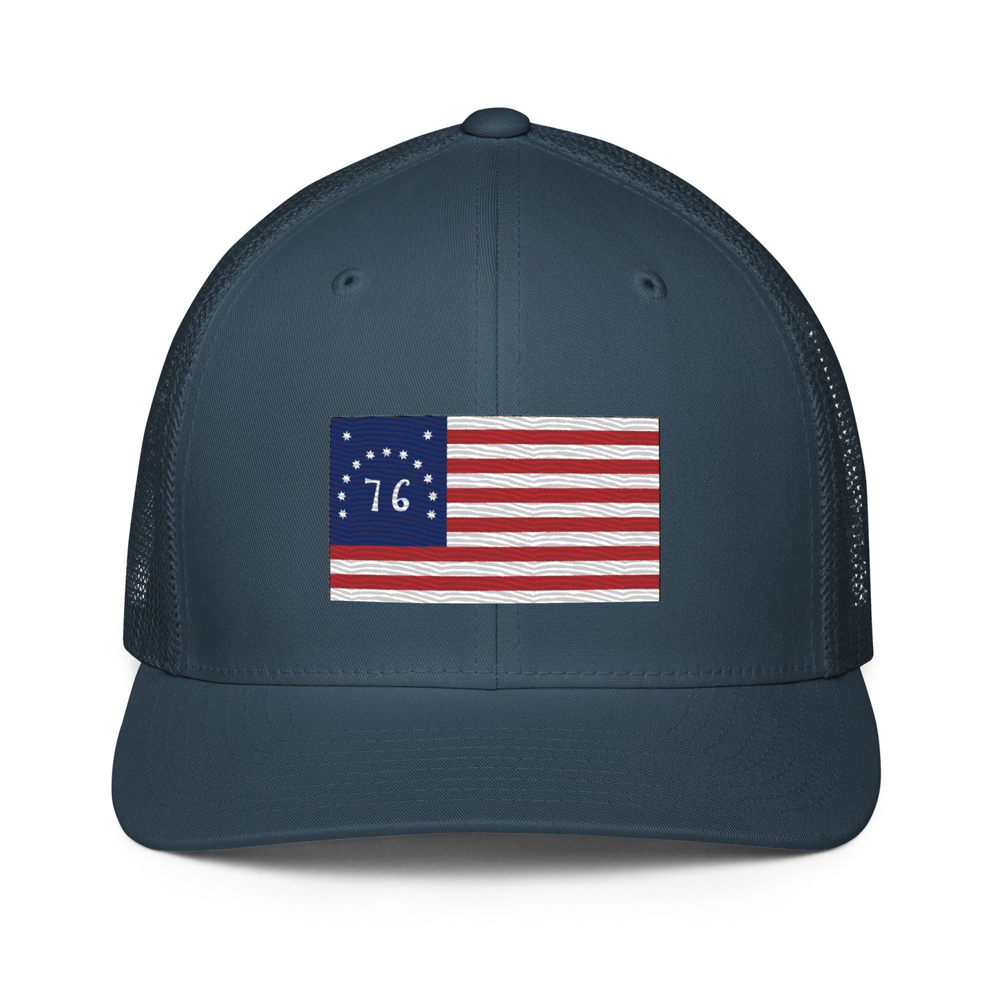Embroidered Bennington Flag | Closed-Back Trucker Cap | Flexfit 6511 Flexfit 6511 Gun Beaver Navy  