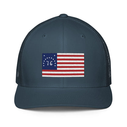 Embroidered Bennington Flag | Closed-Back Trucker Cap | Flexfit 6511 Flexfit 6511 Gun Beaver Navy  