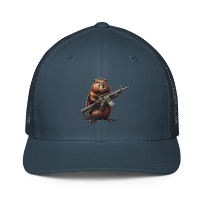 Embroidered Gun Beaver Clutching Rifle | Closed-Back Trucker Cap | Flexfit 6511 Flexfit 6511 Gun Beaver Navy  