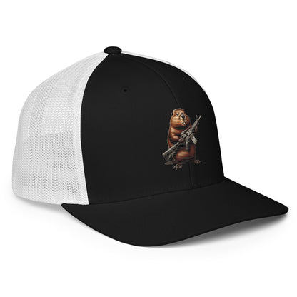 Embroidered Gun Beaver Clutching Rifle | Closed-Back Trucker Cap | Flexfit 6511 Flexfit 6511 Gun Beaver   