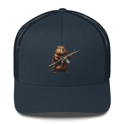 Embroidered Gun Beaver Clutching Rifle | Retro Trucker Cap Retro Trucker Cap Gun Beaver Navy  
