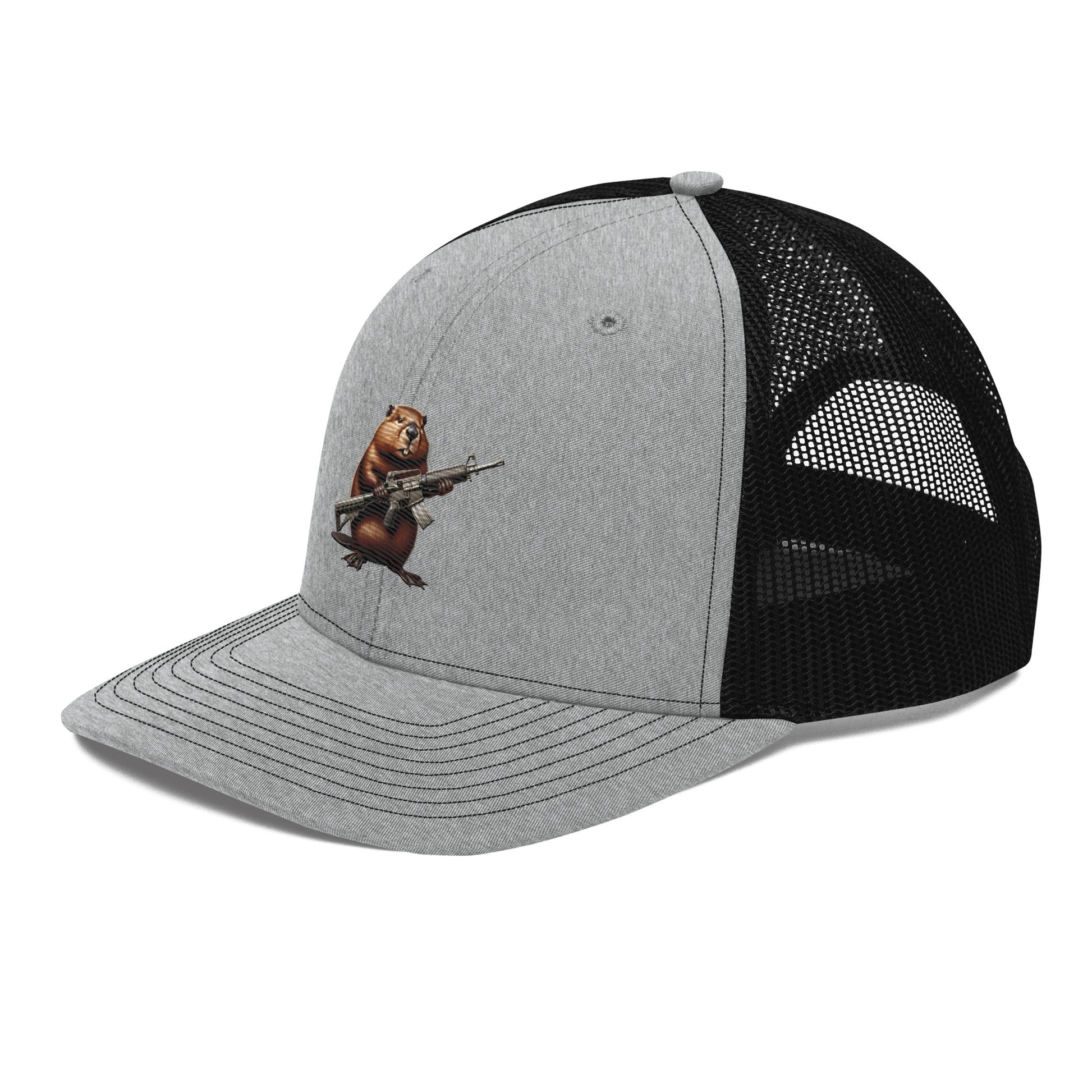 Embroidered Gun Beaver Clutching Rifle | Snapback Trucker Cap | Richardson 112 Richardson 112 Gun Beaver   