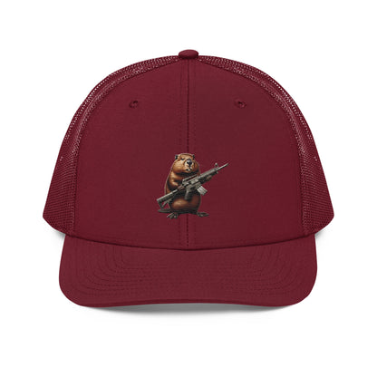 Embroidered Gun Beaver Clutching Rifle | Snapback Trucker Cap | Richardson 112 Richardson 112 Gun Beaver Cardinal  