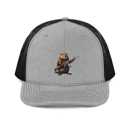 Embroidered Gun Beaver Clutching Rifle | Snapback Trucker Cap | Richardson 112 Richardson 112 Gun Beaver Heather Grey / Black  