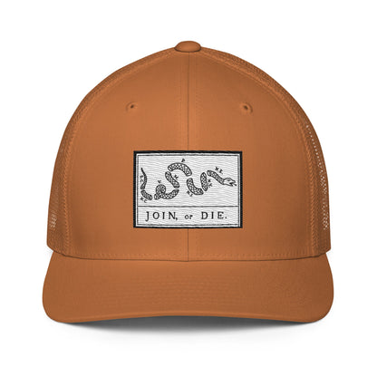 Embroidered “Join or Die" Flag | Closed-Back Trucker Cap | Flexfit 6511 Flexfit 6511 Gun Beaver Caramel  