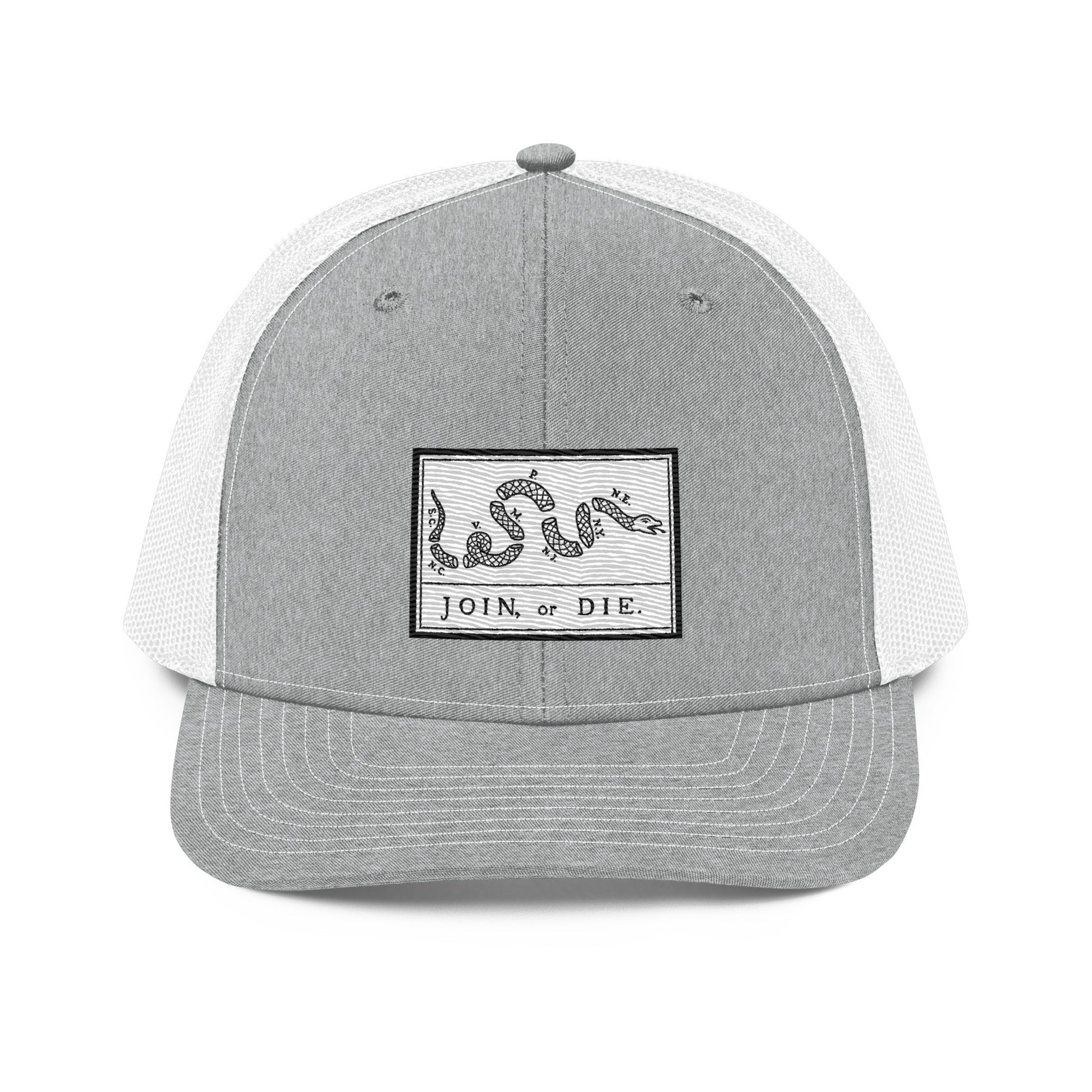 Embroidered “Join or Die" Flag | Snapback Trucker Cap | Richardson 112 Richardson 112 Gun Beaver Heather Grey/White  