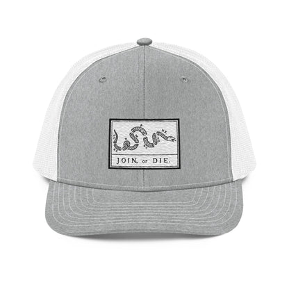 Embroidered “Join or Die" Flag | Snapback Trucker Cap | Richardson 112 Richardson 112 Gun Beaver Heather Grey/White  