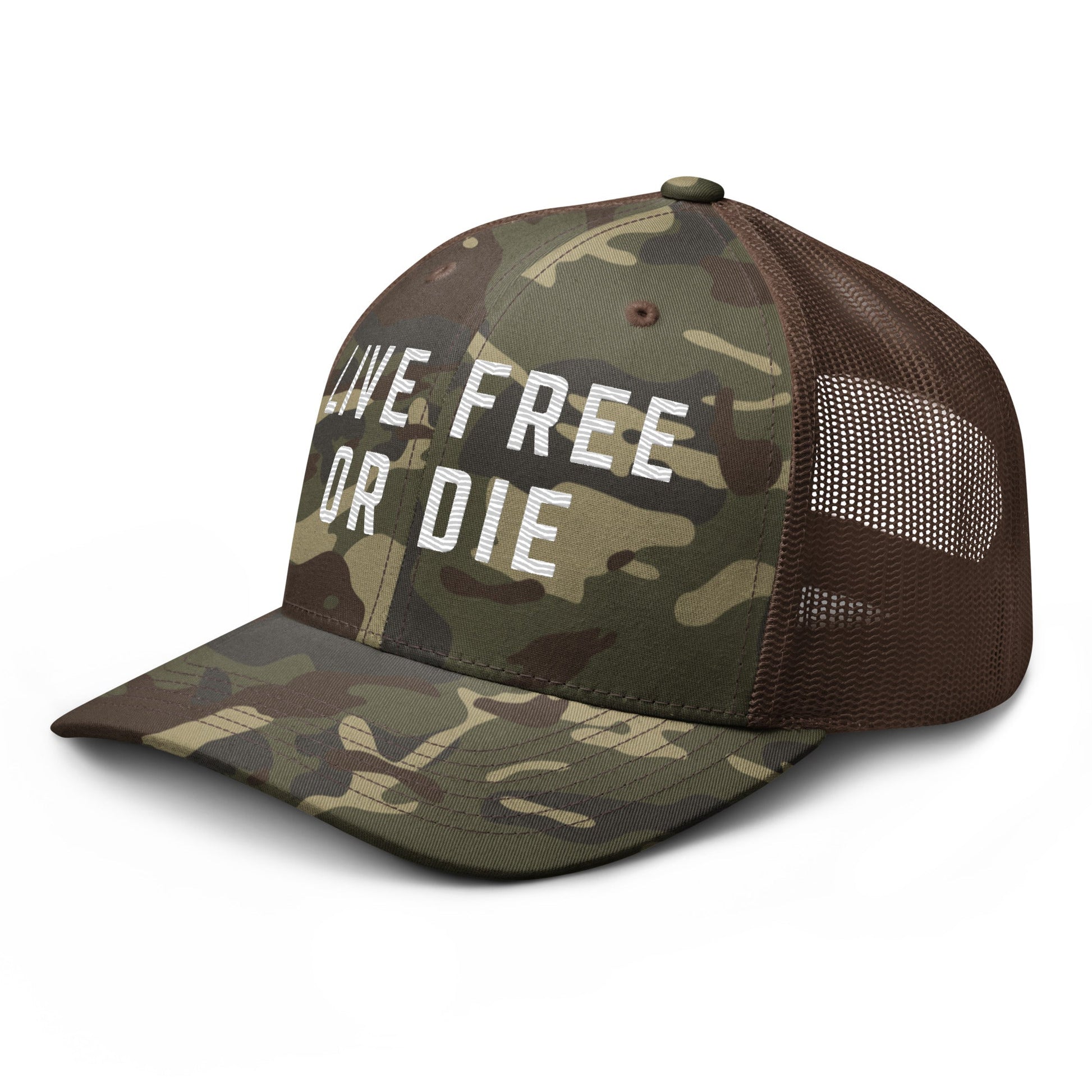 Embroidered "LIVE FREE OR DIE" | Camouflage Trucker Cap Camouflage Trucker Cap Gun Beaver