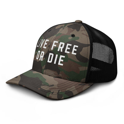 Embroidered "LIVE FREE OR DIE" | Camouflage Trucker Cap Camouflage Trucker Cap Gun Beaver