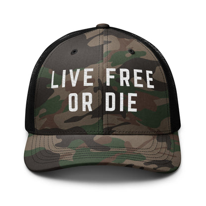 Embroidered "LIVE FREE OR DIE" | Camouflage Trucker Cap Camouflage Trucker Cap Gun Beaver Camo/Black