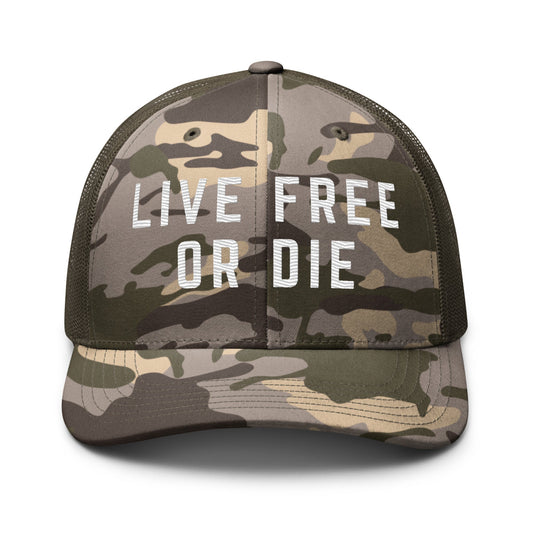 Embroidered "LIVE FREE OR DIE" | Camouflage Trucker Cap Camouflage Trucker Cap Gun Beaver Camo/Olive