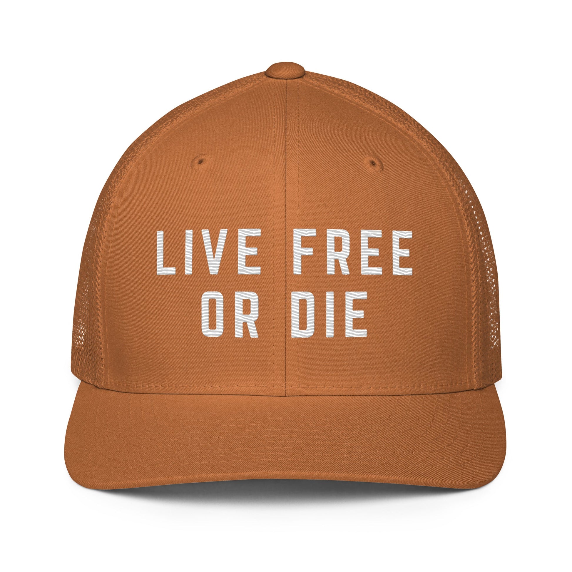 Embroidered "LIVE FREE OR DIE" | Closed-Back Trucker Cap | Flexfit 6511 Flexfit 6511 Gun Beaver Caramel