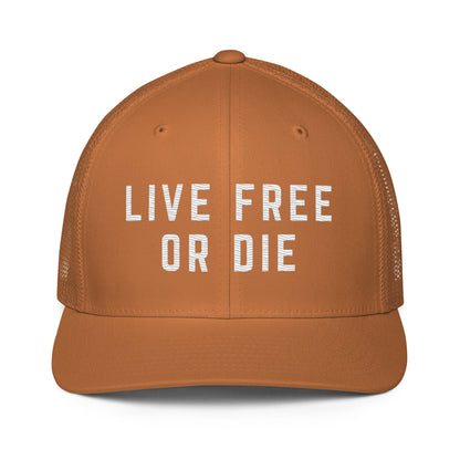 Embroidered "LIVE FREE OR DIE" | Closed-Back Trucker Cap | Flexfit 6511 Flexfit 6511 Gun Beaver Caramel