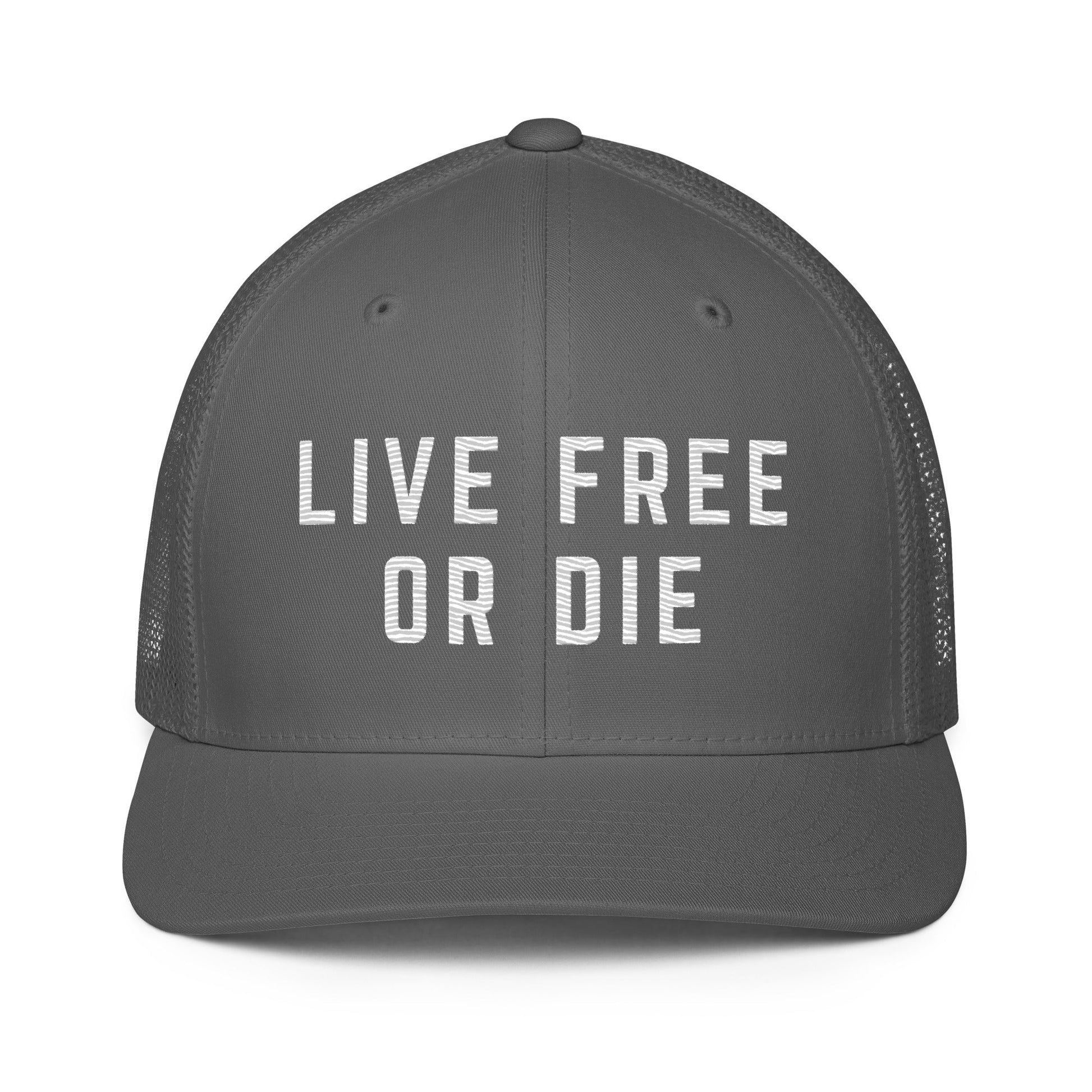 Embroidered "LIVE FREE OR DIE" | Closed-Back Trucker Cap | Flexfit 6511 Flexfit 6511 Gun Beaver Charcoal