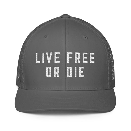 Embroidered "LIVE FREE OR DIE" | Closed-Back Trucker Cap | Flexfit 6511 Flexfit 6511 Gun Beaver Charcoal